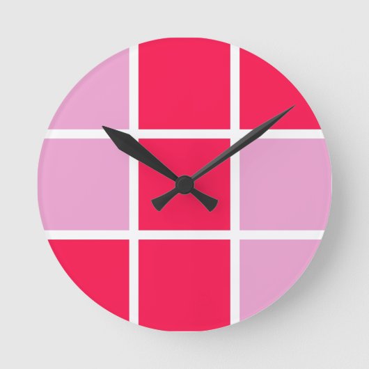 ピンクのバラの白い線の正方形ジオメトリック ラウンド壁時計 (正面)