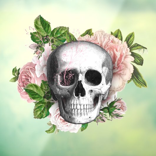 ピンクのバラの窓が付いたゴシックスカル ウィンドウサイン (シート3)