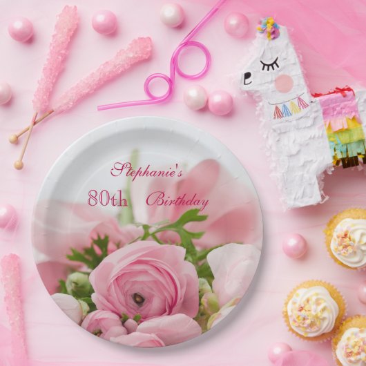 ピンクのバラの第80誕生日の花束 ペーパープレート (パーティー)