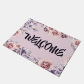 ピンクのバラの紫色の花のボーダー歓迎のドア・マット ドアマット (アングル)