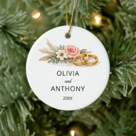 ピンクのバラの結婚式ネームオーナメント　ラスティック・ボヘミアン・フラワー セラミックオーナメント