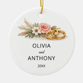 ピンクのバラの結婚式ネームオーナメント ラスティック・ボヘミアン・フラワー セラミックオーナメント