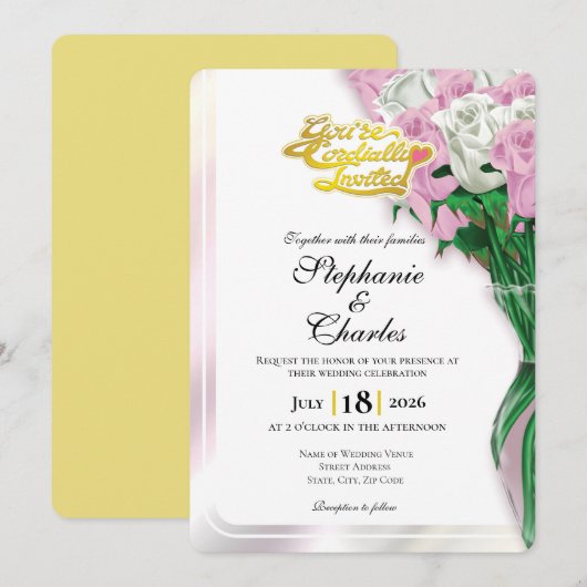 ピンクのバラの結婚式招待状 - ゴールドの文字 1 招待状 (正面/裏面)