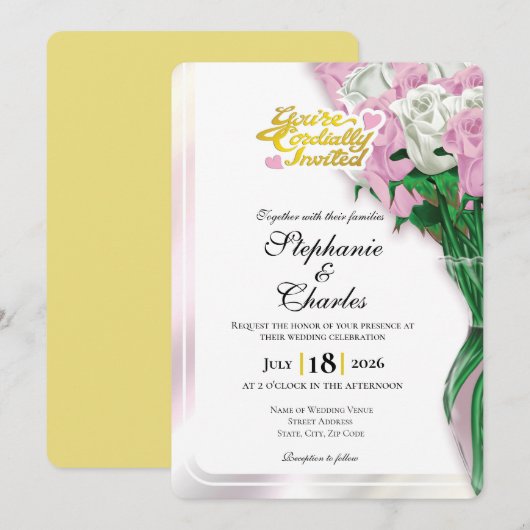 ピンクのバラの結婚式招待状 - ゴールドの文字 2 招待状 (正面/裏面)