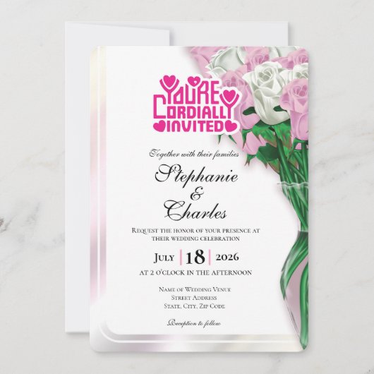 ピンクのバラの結婚式招待状 - ピンクの文字 4 招待状 (正面)