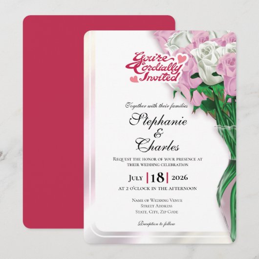 ピンクのバラの結婚式招待状 - 赤い文字 2 招待状 (正面/裏面)