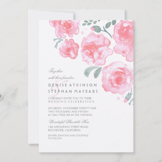 ピンクのバラの結婚式 - 水彩の招待状 招待状 (正面)