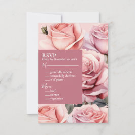 ピンクのバラの結婚式RSVP返信カード 出欠カード