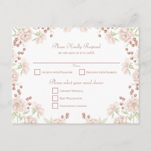ピンクのバラの結婚式RSVP シーズンポストカード (正面)