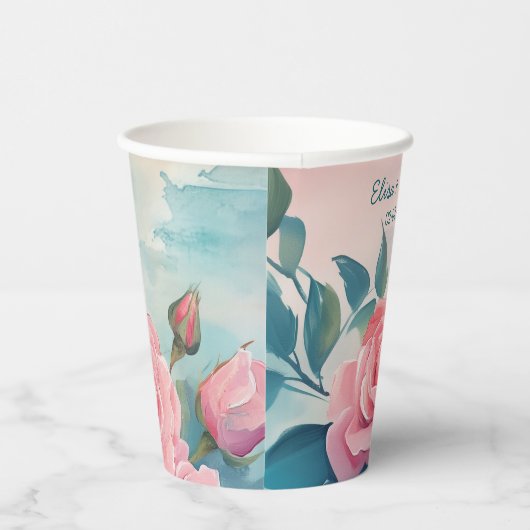 ピンクのバラの絵のウェディングシャワーのカスタム 紙コップ (右)