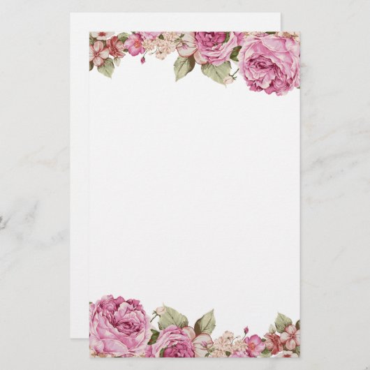 ピンクのバラの絵画の両面ボーダー 便箋 (正面/裏面)