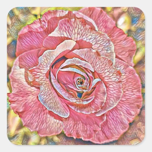 ピンクのバラの絵画水色 スクエアシール (正面)