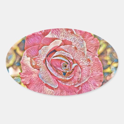 ピンクのバラの絵画水色 楕円形シール (正面)
