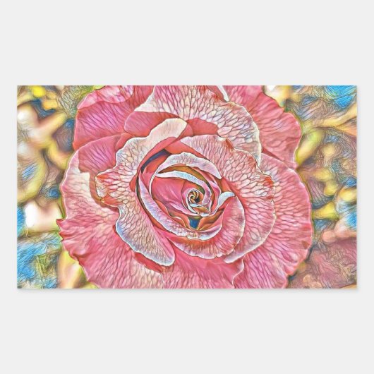 ピンクのバラの絵画水色 長方形シール (正面)