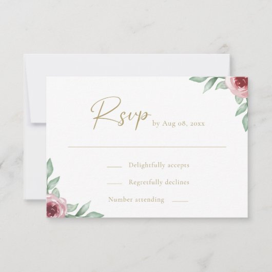ピンクのバラの緑のフローラ結婚式RSVP 招待状 (正面)
