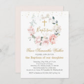 ピンクのバラの緑の葉がバプテスマを越える 招待状 (正面/裏面)