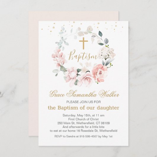 ピンクのバラの緑の葉がバプテスマを越える 招待状 (正面/裏面)