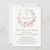 ピンクのバラの緑の葉がバプテスマを越える 招待状 (正面)