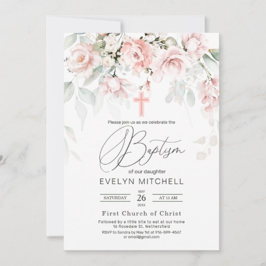 ピンクのバラの緑の葉がバプテスマを越える 招待状 (正面)