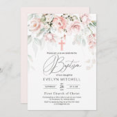 ピンクのバラの緑の葉がバプテスマを越える 招待状 (正面/裏面)