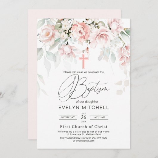 ピンクのバラの緑の葉がバプテスマを越える 招待状 (正面/裏面)