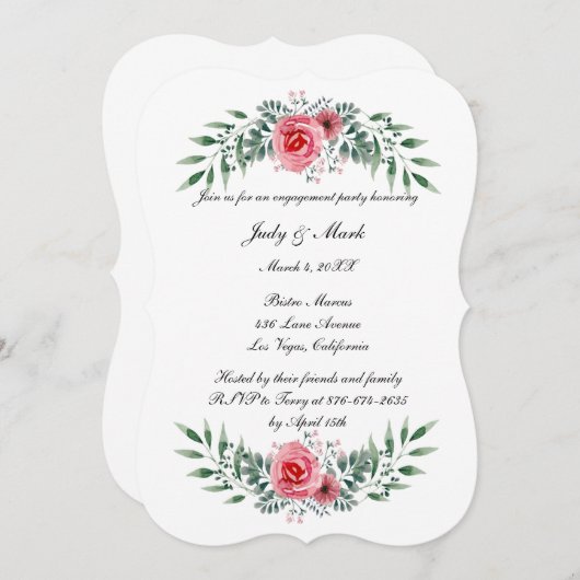 ピンクのバラの緑の葉の婚約パーティ 招待状 (正面/裏面)