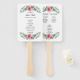 ピンクのバラの緑の葉の結婚式 プログラム ハンドファン