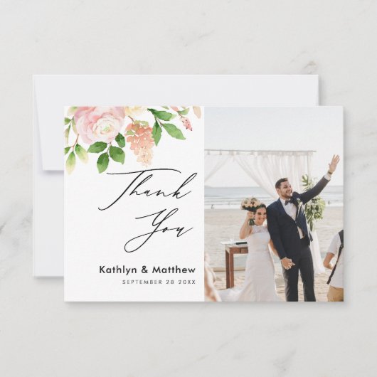 ピンクのバラの緑エレガントのスクリプトサンキューカード カード (正面)