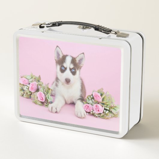 ピンクのバラの美しいハスキーの子犬 メタルランチボックス (裏面)