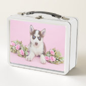 ピンクのバラの美しいハスキーの子犬 メタルランチボックス (正面)