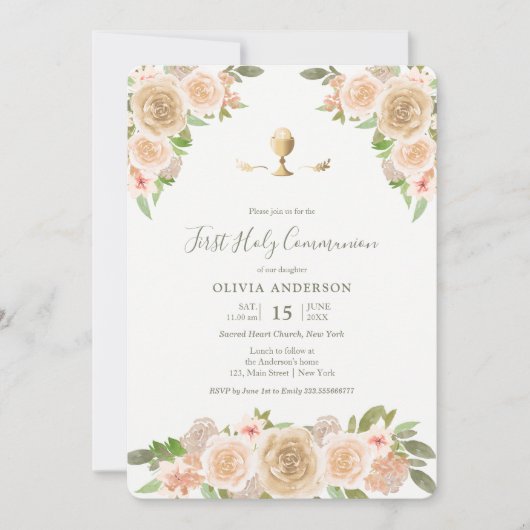 ピンクのバラの聖杯　初めての聖体拝領の招待状 招待状 (正面)