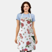 ピンクのバラの花とミツバチのヴィンテージフェミニンフローラ エプロン (着用した状態)