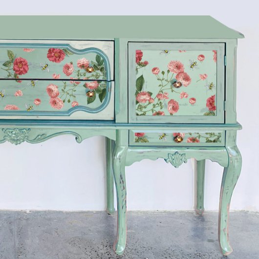 ピンクのバラの花とミツバチのヴィンテージフローラ 薄葉紙