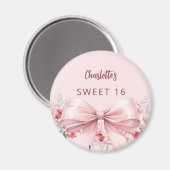 ピンクのバラの花とリボンのSweet 16 マグネット (正面/裏面)