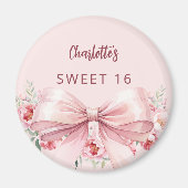 ピンクのバラの花とリボンのSweet 16 マグネット (正面)