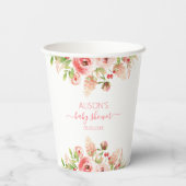 ピンクのバラの花と緑の葉の女の子のベビーシャワー 紙コップ (裏面)