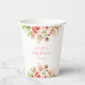 ピンクのバラの花と緑の葉の女の子のベビーシャワー 紙コップ (正面)