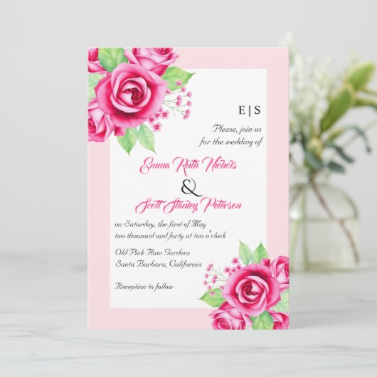 ピンクのバラの花とQRコードフローラ結婚ズ 招待状 (スタンド正面)