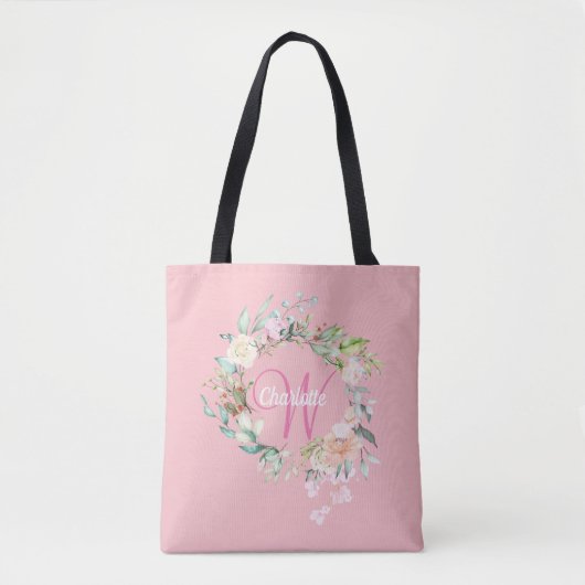 ピンクのバラの花のイニシャル モノグラム トートバッグ (正面)