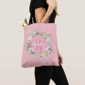 ピンクのバラの花のイニシャル モノグラム トートバッグ (クローズアップ)