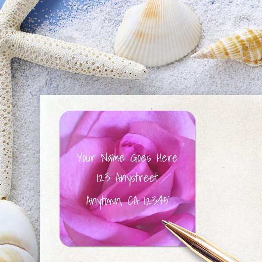 ピンクのバラの花のエレガントモダン差出人住所 スクエアシール