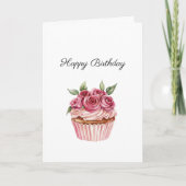 ピンクのバラの花のカップケーキの誕生日 カード (正面)