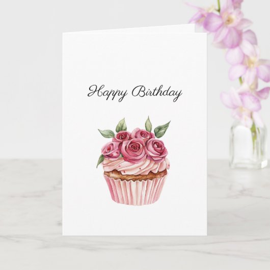 ピンクのバラの花のカップケーキの誕生日 カード (蘭)