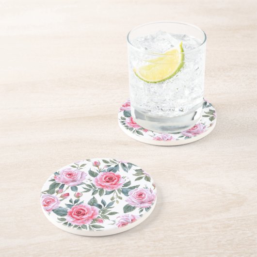ピンクのバラの花のカントリーロアウォーターカラーパターン コースター (側面)