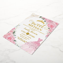 ピンクのバラの花のゴールドのプリンセスドレススイート16 箔招待状