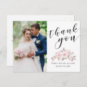 ピンクのバラの花のスクリプト結婚式の写真ありがとうカード ポストカード (正面/裏面)