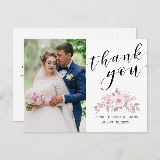 ピンクのバラの花のスクリプト結婚式の写真ありがとうカード ポストカード (正面/裏面)