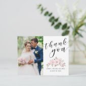 ピンクのバラの花のスクリプト結婚式の写真ありがとうカード ポストカード (スタンド正面)
