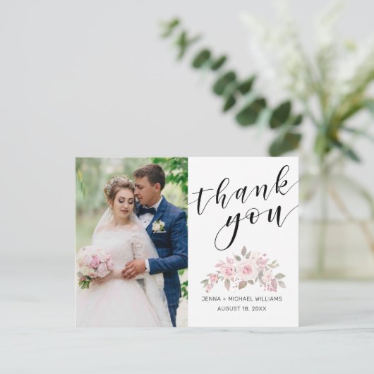 ピンクのバラの花のスクリプト結婚式の写真ありがとうカード ポストカード (スタンド正面)