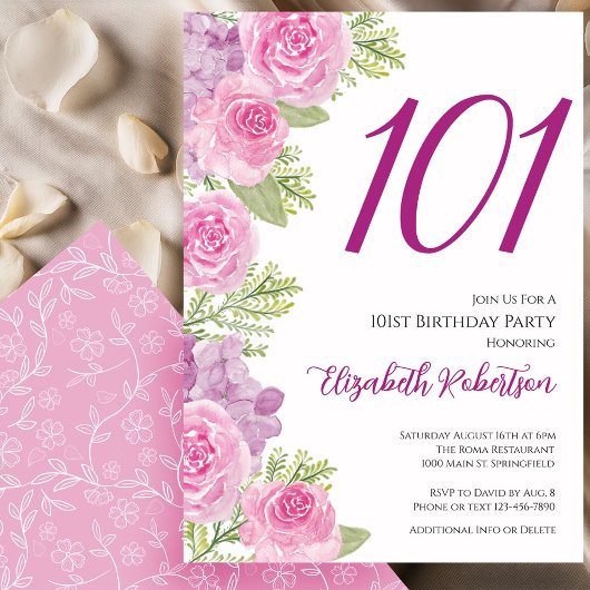 ピンクのバラの花のテンプレート 101歳の誕生日 招待状